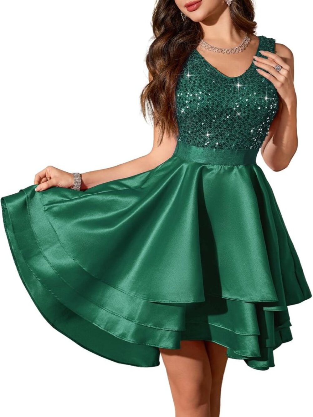 Women's Dark Green Short Sequin Low Satin Sleeveless Cocktail Bodycon Maxi Dress